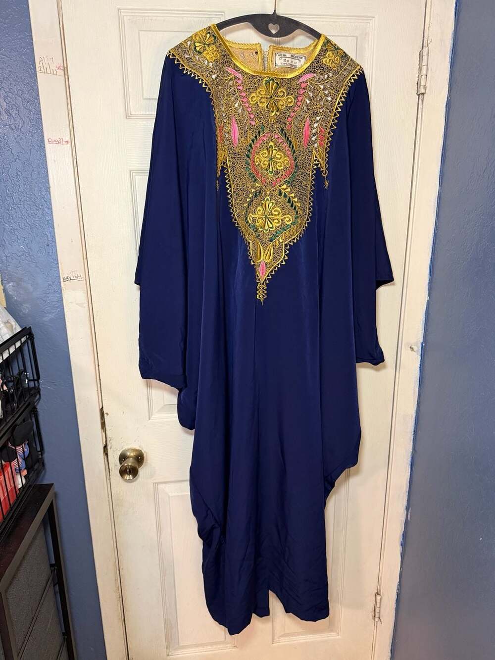 Aicha Broderie Abidjan African Boubou Kaftan Navy Gold Embroidered Maxi Dress - Picture 2 of 11
